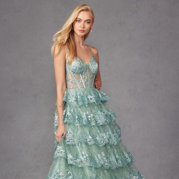 NEW LONG SLEEVELESS SEQUIN LACE EMBELLISHED BALL GOWN WITH RUFFLED SKIRT JT2454K